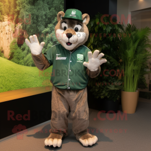 Forest Green Puma mascot costume character dressed with a Henley Tee and Caps