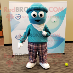 Teal Golf Ball mascot costume character dressed with a Oxford Shirt and Scarf clips