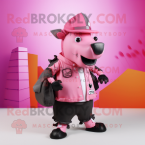 Pink Tapir mascot costume character dressed with a Waistcoat and Messenger bags