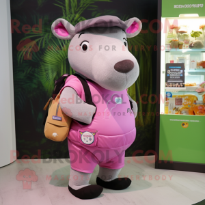 Pink Tapir mascot costume character dressed with a Waistcoat and Messenger bags