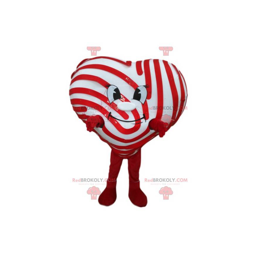 Mascotte cuore bianco sorridente con strisce rosse -