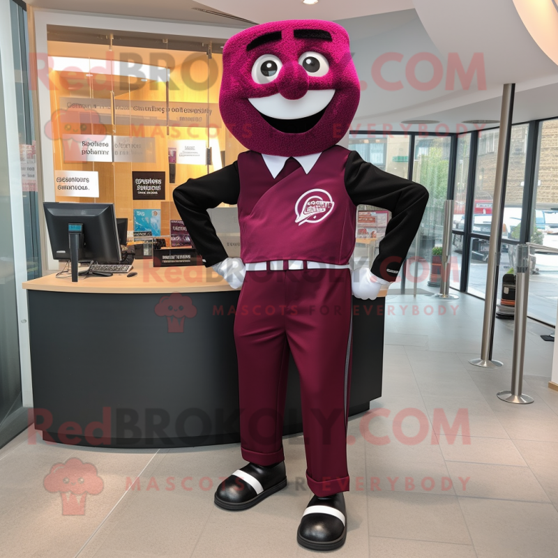 Magenta Guinness mascot costume character dressed with a Suit Pants and Shoe clips Magenta Guinness mascot costume character dressed with a Suit Pants and Shoe clips
