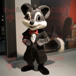 Black Civet mascot costume character dressed with a A-Line Skirt and Bow ties