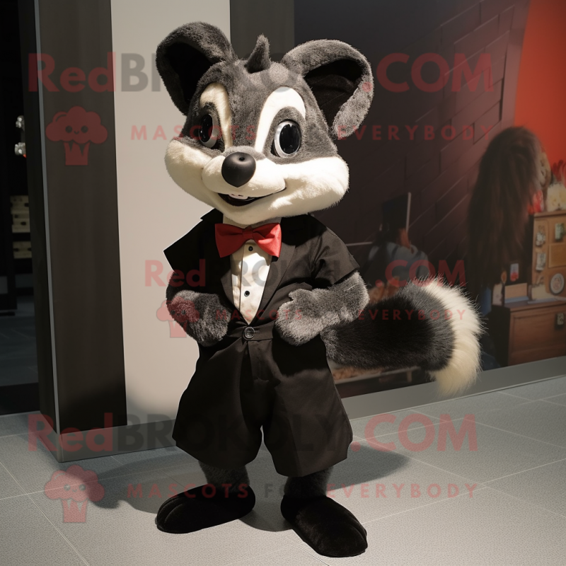 Black Civet mascot costume character dressed with a A-Line Skirt and Bow ties Black Civet mascot costume character dressed with a A-Line Skirt and Bow ties