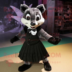Black Civet mascot costume character dressed with a A-Line Skirt and Bow ties