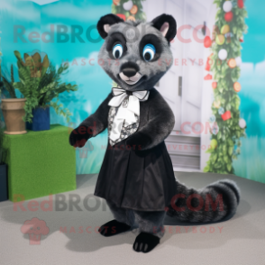 Black Civet mascot costume character dressed with a A-Line Skirt and Bow ties