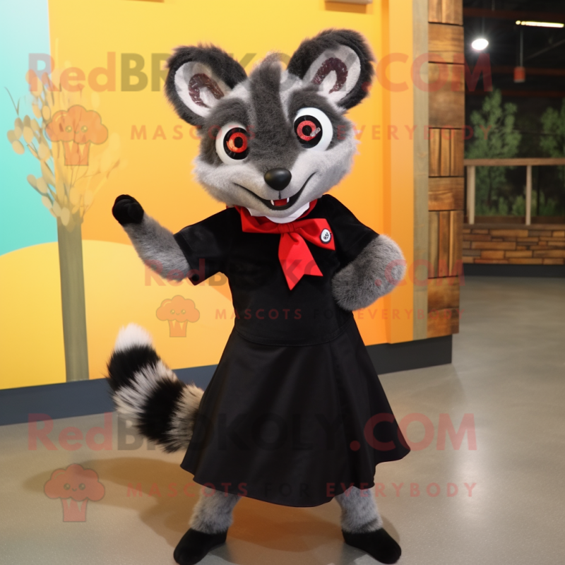 Black Civet mascot costume character dressed with a A-Line Skirt and Bow ties