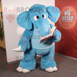 Sky Blue Mammoth mascot costume character dressed with a Dungarees and Reading glasses
