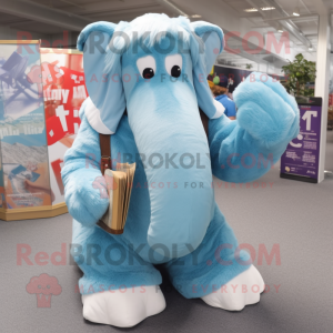 Sky Blue Mammoth mascot costume character dressed with a Dungarees and Reading glasses