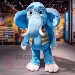 Sky Blue Mammoth mascot costume character dressed with a Dungarees and Reading glasses