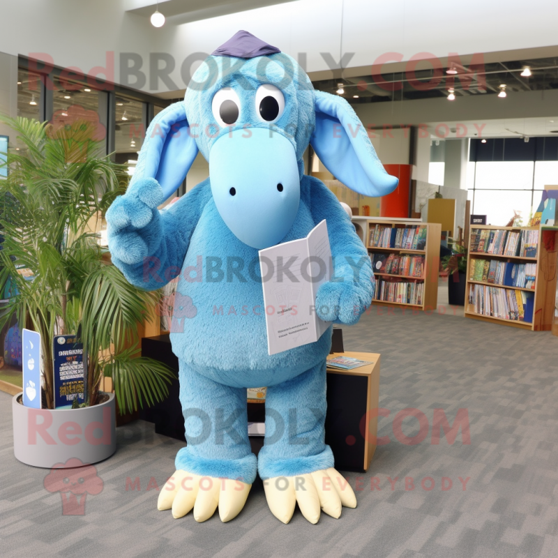 Sky Blue Mammoth mascot costume character dressed with a Dungarees and Reading glasses