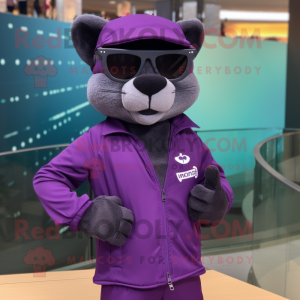 Purple Jaguarundi mascot costume character dressed with a Long Sleeve Tee and Sunglasses