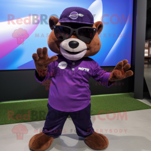 Purple Jaguarundi mascot costume character dressed with a Long Sleeve Tee and Sunglasses