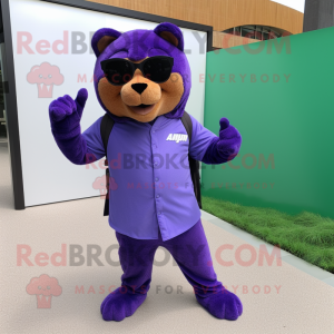 Purple Jaguarundi mascot costume character dressed with a Long Sleeve Tee and Sunglasses