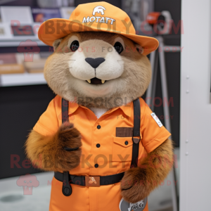 Rust Marmot mascot costume character dressed with a Romper and Hat pins