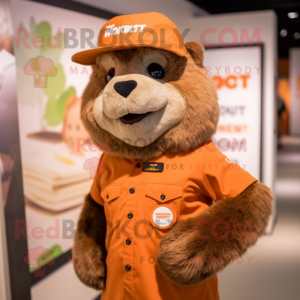 Rust Marmot mascot costume character dressed with a Romper and Hat pins