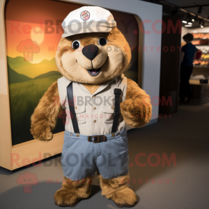 Rust Marmot mascot costume character dressed with a Romper and Hat pins