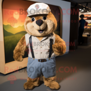 Rust Marmot mascot costume character dressed with a Romper and Hat pins
