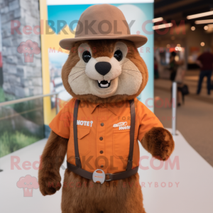 Rust Marmot mascot costume character dressed with a Romper and Hat pins