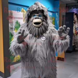 Gray Sasquatch mascot costume character dressed with a Raincoat and Headbands