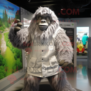 Gray Sasquatch mascot costume character dressed with a Raincoat and Headbands