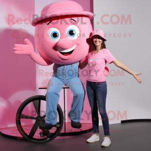 Pink Unicyclist mascot costume character dressed with a Mom Jeans and Hats