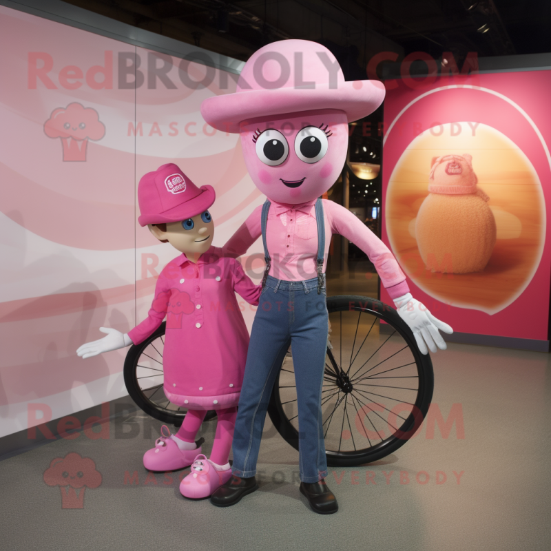 Pink Unicyclist mascot costume character dressed with a Mom Jeans and Hats