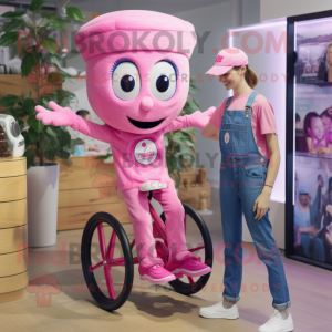 Pink Unicyclist mascot costume character dressed with a Mom Jeans and Hats