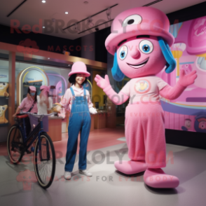 Pink Unicyclist mascot costume character dressed with a Mom Jeans and Hats