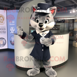 Gray Bobcat mascot costume character dressed with a Circle Skirt and Berets