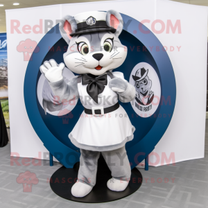 Gray Bobcat mascot costume character dressed with a Circle Skirt and Berets