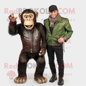 Olive Chimpanzee mascot costume character dressed with a Leather Jacket and Watches