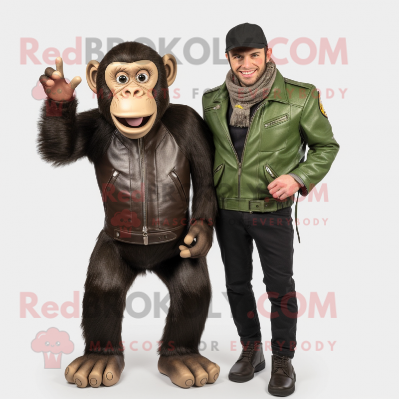 Olive Chimpanzee mascot costume character dressed with a Leather Jacket and Watches Olive Chimpanzee mascot costume character dressed with a Leather Jacket and Watches