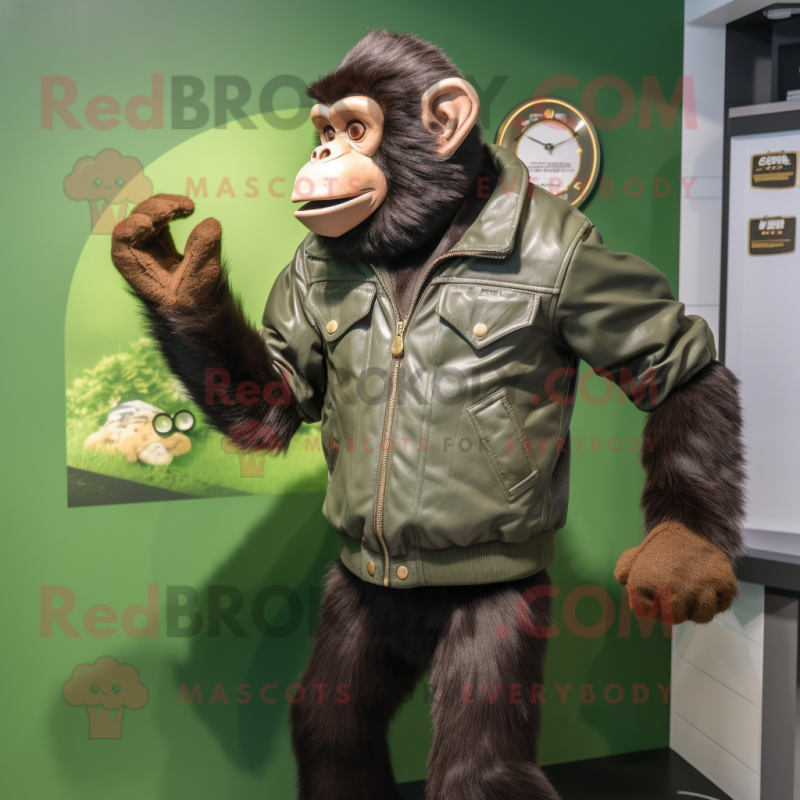 Olive Chimpanzee mascot costume character dressed with a Leather Jacket and Watches