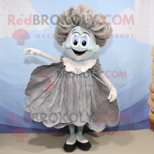 Gray Oyster mascot costume character dressed with a Shift Dress and Hair clips