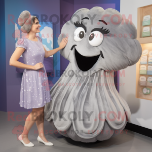 Gray Oyster mascot costume character dressed with a Shift Dress and Hair clips