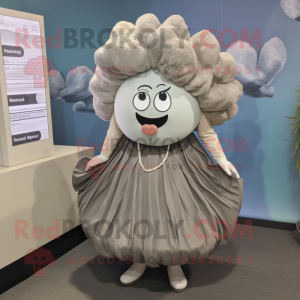 Gray Oyster mascot costume character dressed with a Shift Dress and Hair clips