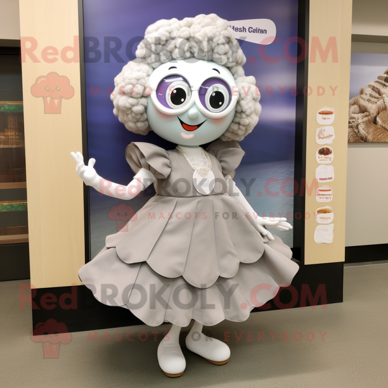 Gray Oyster mascot costume character dressed with a Shift Dress and Hair clips Gray Oyster mascot costume character dressed with a Shift Dress and Hair clips