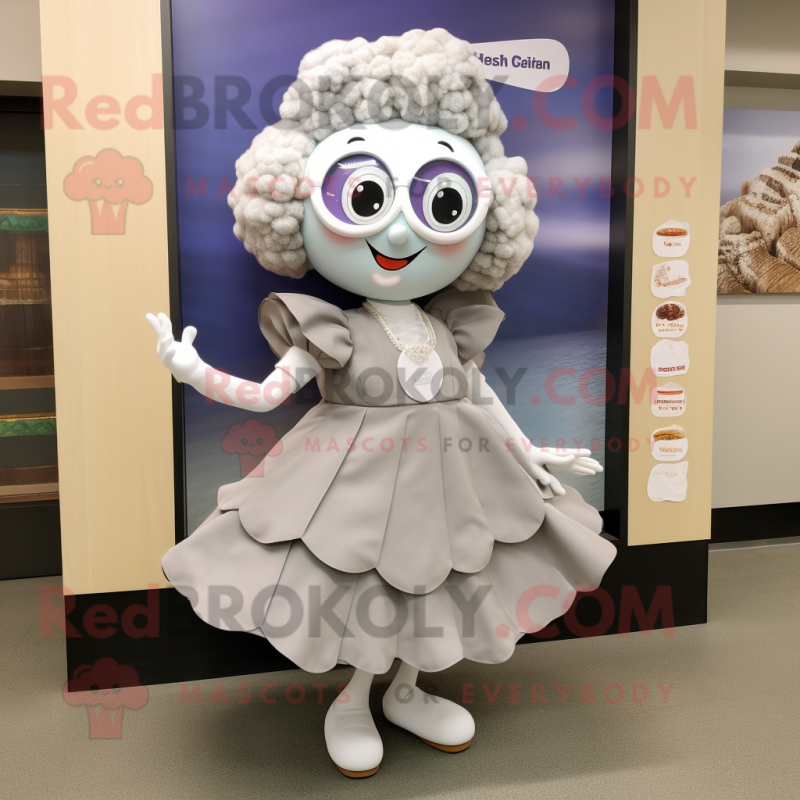 Gray Oyster mascot costume character dressed with a Shift Dress and Hair clips