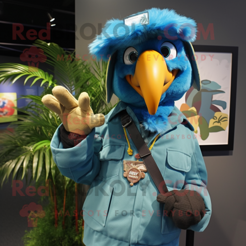 Turquoise Macaw mascot costume character dressed with a Parka and Hat pins Turquoise Macaw mascot costume character dressed with a Parka and Hat pins