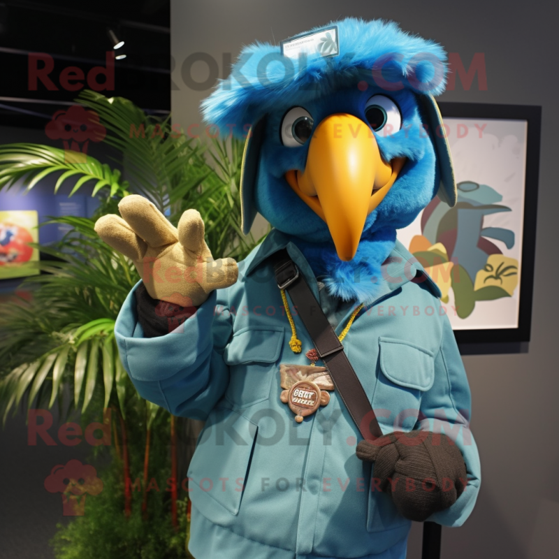 Turquoise Macaw mascot costume character dressed with a Parka and Hat pins