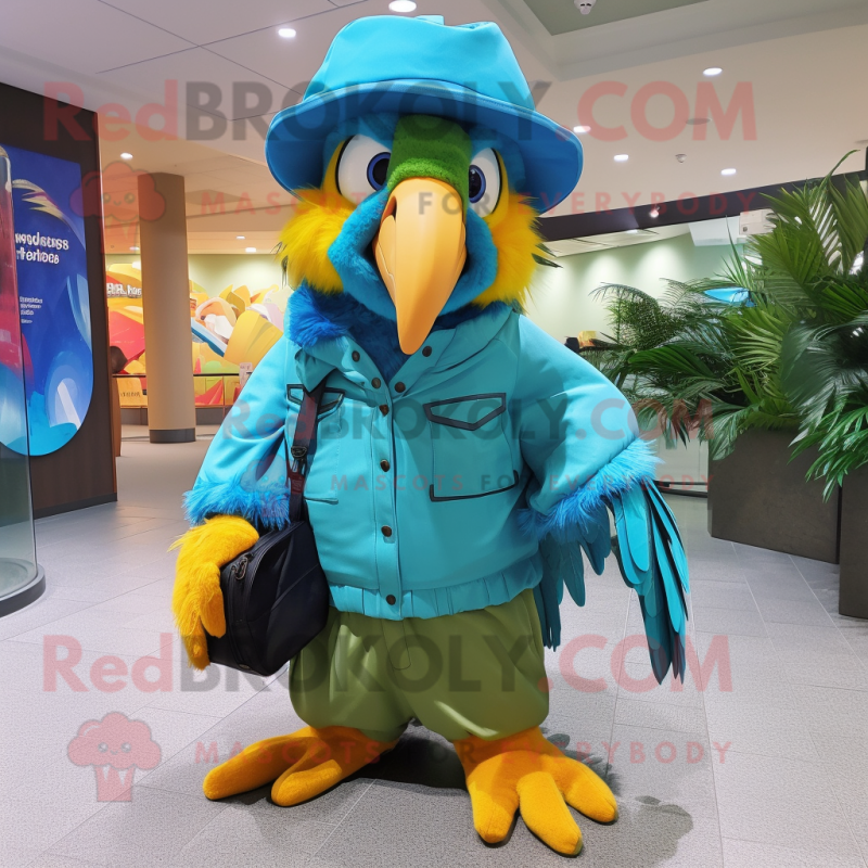 Turquoise Macaw mascot costume character dressed with a Parka and Hat pins Turquoise Macaw mascot costume character dressed with a Parka and Hat pins
