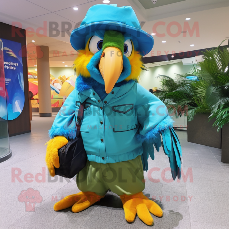 Turquoise Macaw mascot costume character dressed with a Parka and Hat pins