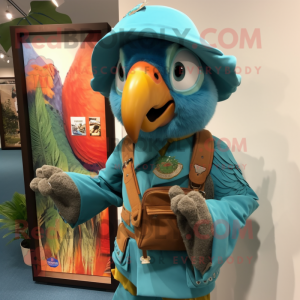 Turquoise Macaw mascot costume character dressed with a Parka and Hat pins