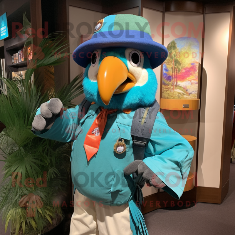 Turquoise Macaw mascot costume character dressed with a Parka and Hat pins