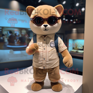 Tan Cat mascot costume character dressed with a Henley Shirt and Sunglasses
