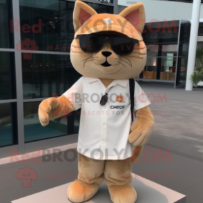 Tan Cat mascot costume character dressed with a Henley Shirt and Sunglasses