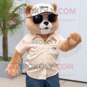 Tan Cat mascot costume character dressed with a Henley Shirt and Sunglasses