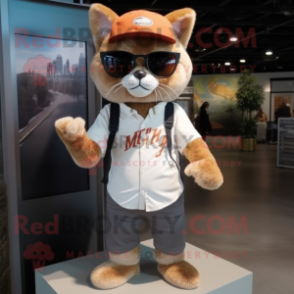 Tan Cat mascot costume character dressed with a Henley Shirt and Sunglasses