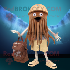 Brown Jellyfish mascot costume character dressed with a Bermuda Shorts and Handbags